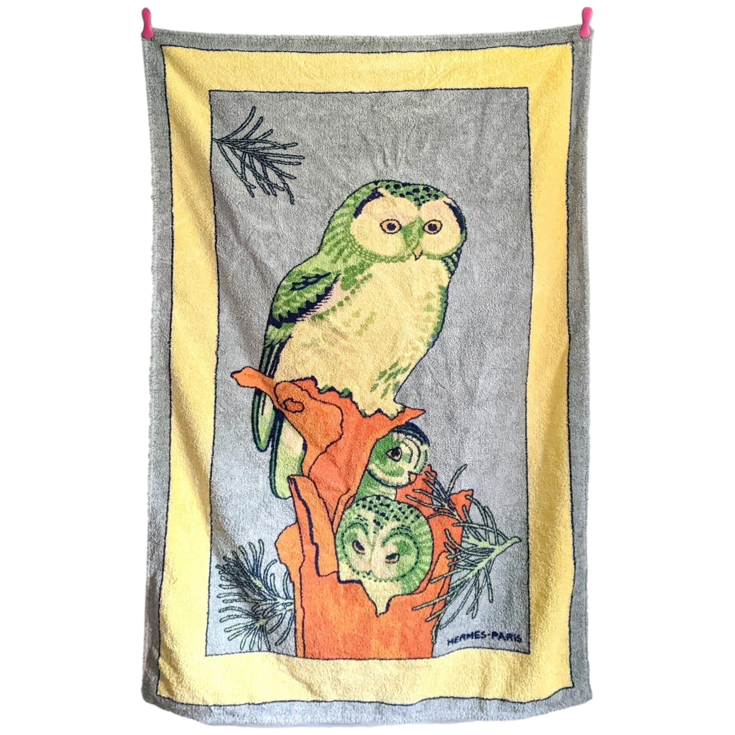 Hermes Grey/Yellow/Green "Chouette" Owl Cotton Terry Beach Towel 90 x 150 cm