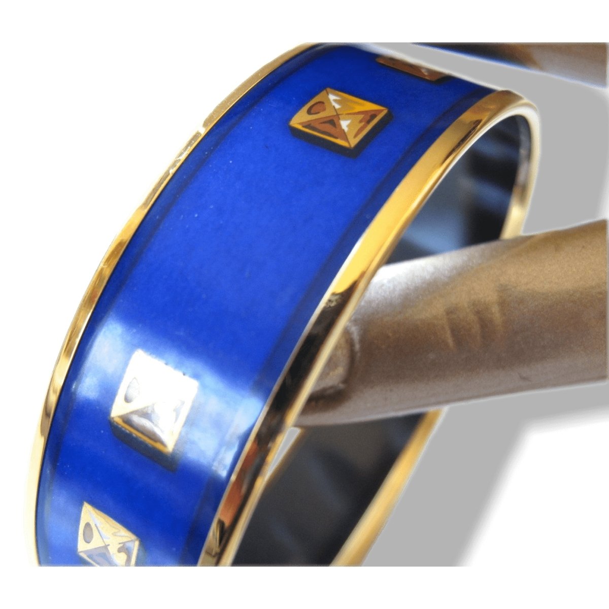 Hermes Cobalt Blue Medor Printed Enamel/Gold Wide Bangle Bracelet, New! - poupishop