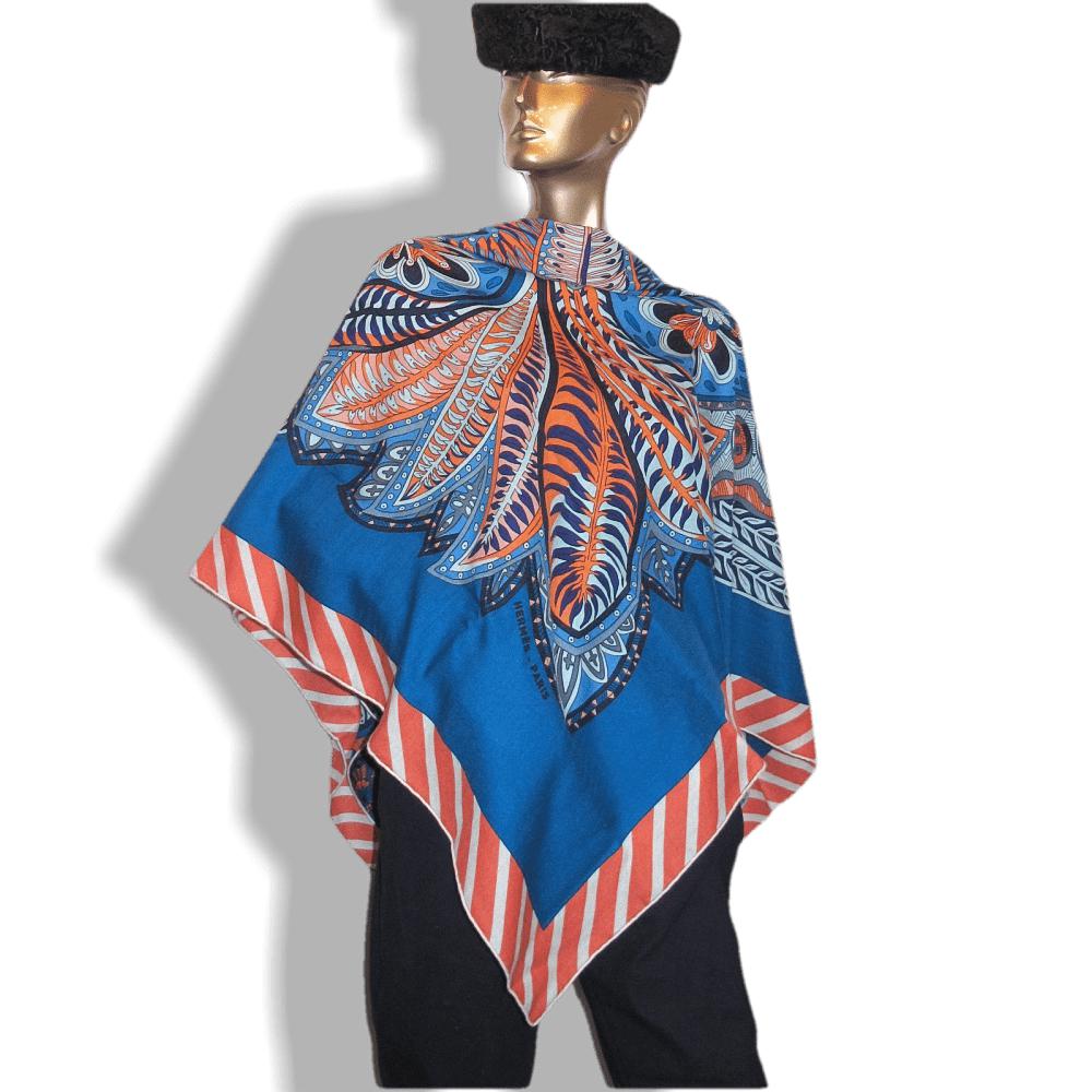 Hermes Cobalt/Orange JARDIN DE LA MAHARANI RECADRE Annie Faivre Cashmere Shawl 140, New! - poupishop