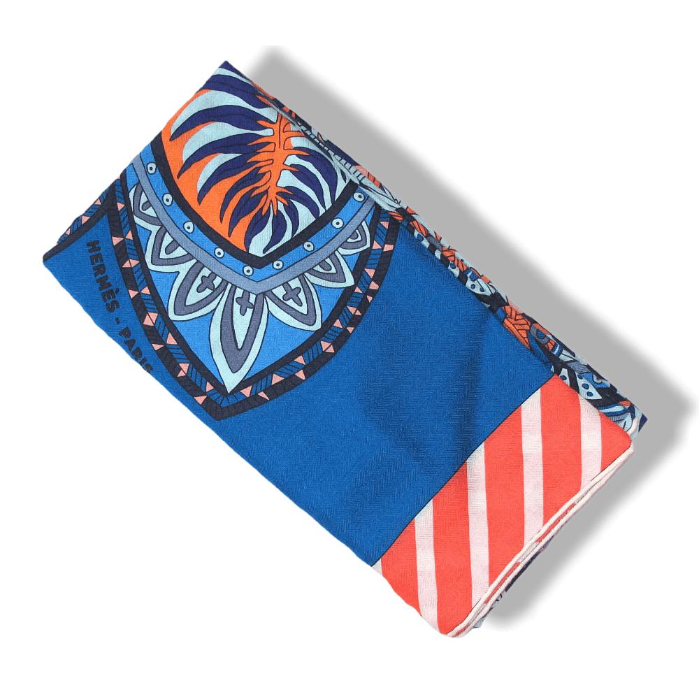 Hermes Cobalt/Orange JARDIN DE LA MAHARANI RECADRE Annie Faivre Cashmere Shawl 140, New! - poupishop