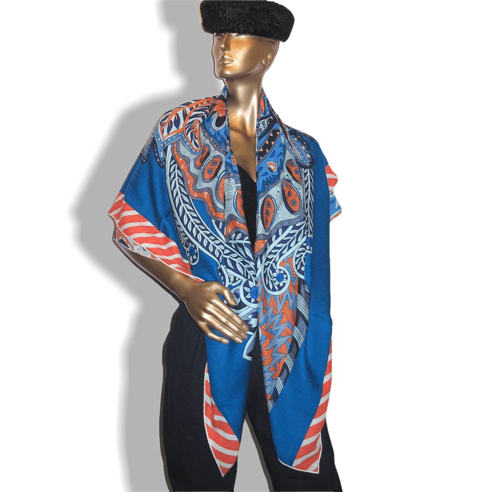 Hermes Cobalt/Orange JARDIN DE LA MAHARANI RECADRE Annie Faivre Cashmere Shawl 140, New! - poupishop