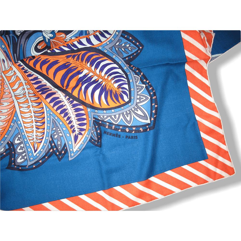 Hermes Cobalt/Orange JARDIN DE LA MAHARANI RECADRE Annie Faivre Cashmere Shawl 140, New! - poupishop