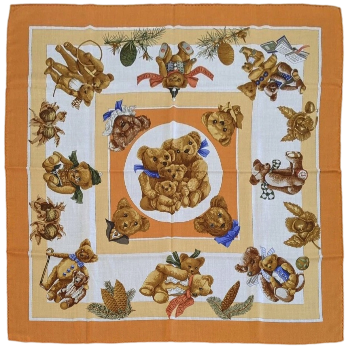 Hermes 2000s Orange/Blanc/Bleu CONFIDENTS DES COEURS by Loic Dubligeon Cashmere 90cm