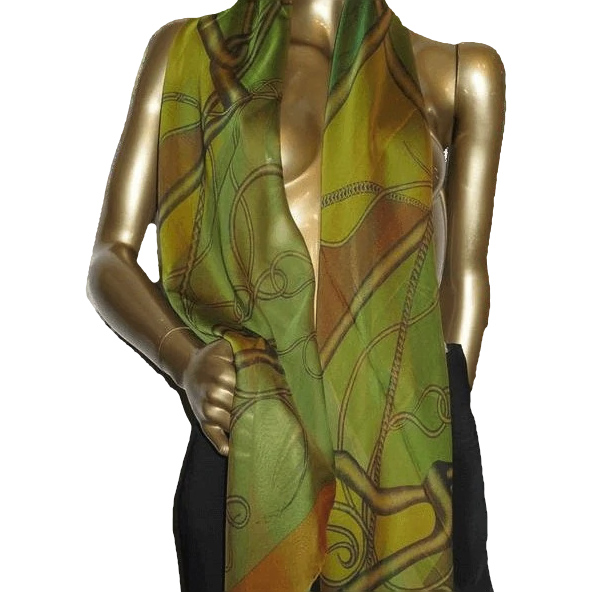Hermes 2012 Chartruese/Cognac/Vert COUP DE FOUET Silk Changeante Mousseline 140
