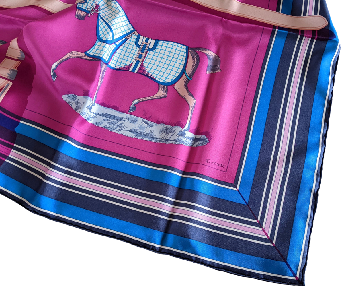 Hermes Fuchsia/Bleu "Couvertures et tenues de Jour" by Jacques Eudel 100% Plume Silk Twill 140