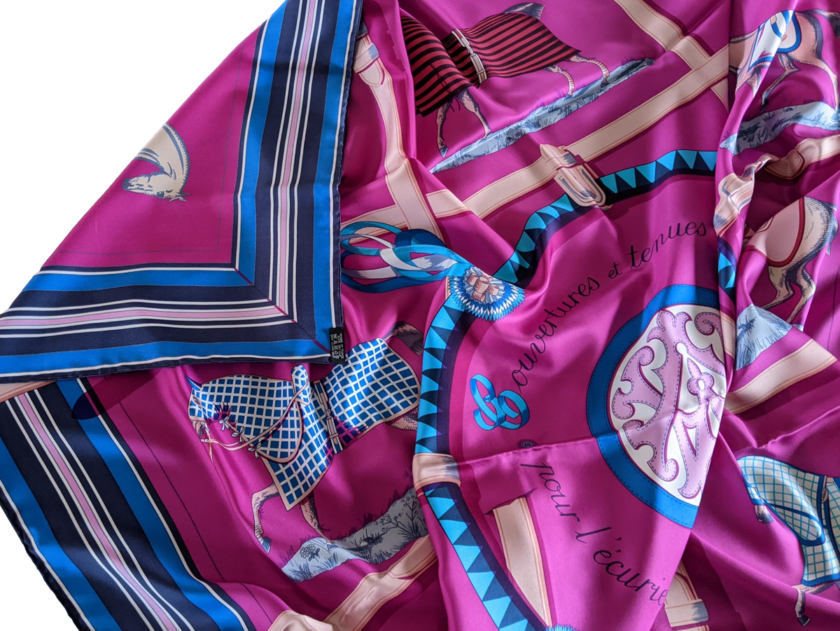 Hermes Fuchsia/Bleu "Couvertures et tenues de Jour" by Jacques Eudel 100% Plume Silk Twill 140