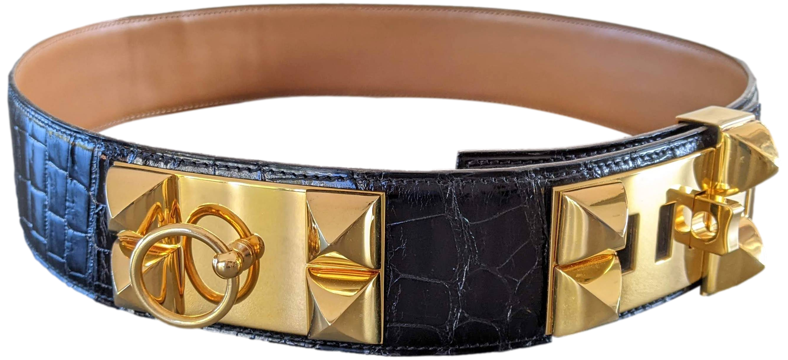 Hermes Black Shiny Crocodile Porosus Lisse Gold Plated Collier de Chien Reversible Buckle Belt Size 90
