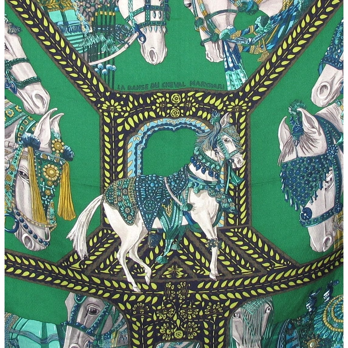 Hermes CW01 Black Green Matte Blanc La Danse du Cheval Marwari Cashmere Shawl 140 - poupishop