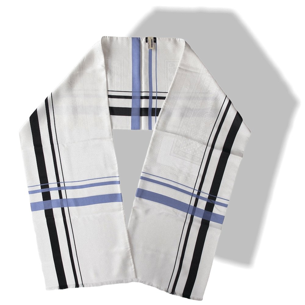 Hermes cw02 Black Ivory Lilac Printed Eperon d'Or Fringed Tuxedo Jacquard Silk Stole, NIB! - poupishop