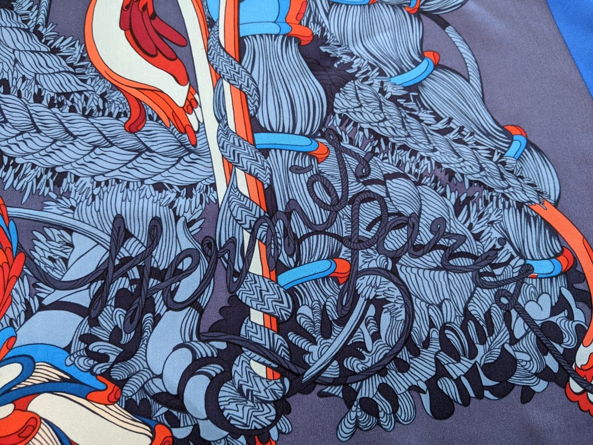 Hermes cw02 Bleu/Gris Bleute/Rouge "Fantaisie Botanique" by Virgine Jamin Silk Shawl 140, BNWTIB! - poupishop