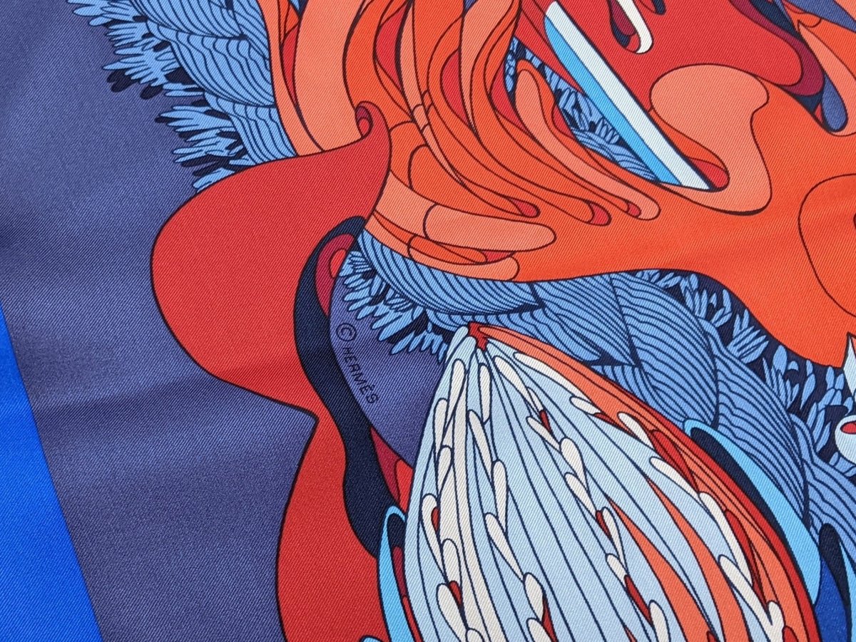 Hermes cw02 Bleu/Gris Bleute/Rouge "Fantaisie Botanique" by Virgine Jamin Silk Shawl 140, BNWTIB! - poupishop