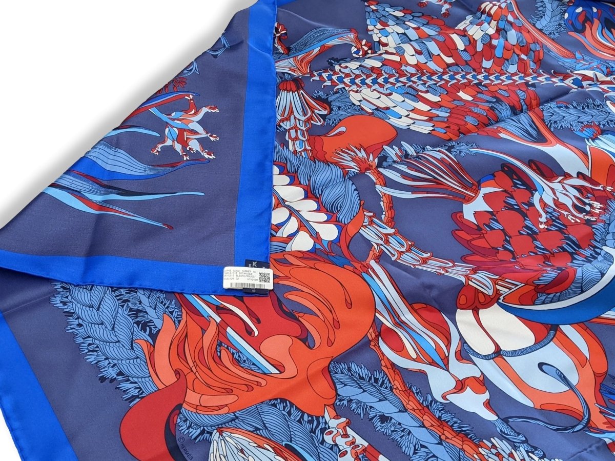 Hermes cw02 Bleu/Gris Bleute/Rouge "Fantaisie Botanique" by Virgine Jamin Silk Shawl 140, BNWTIB! - poupishop