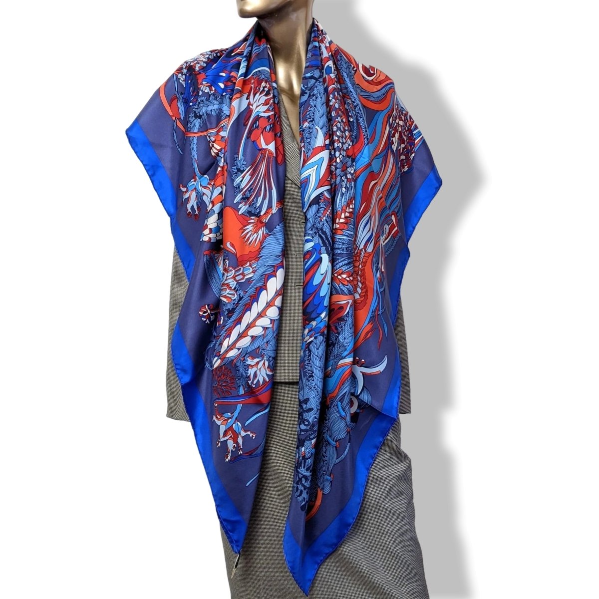 Hermes cw02 Bleu/Gris Bleute/Rouge "Fantaisie Botanique" by Virgine Jamin Silk Shawl 140, BNWTIB! - poupishop
