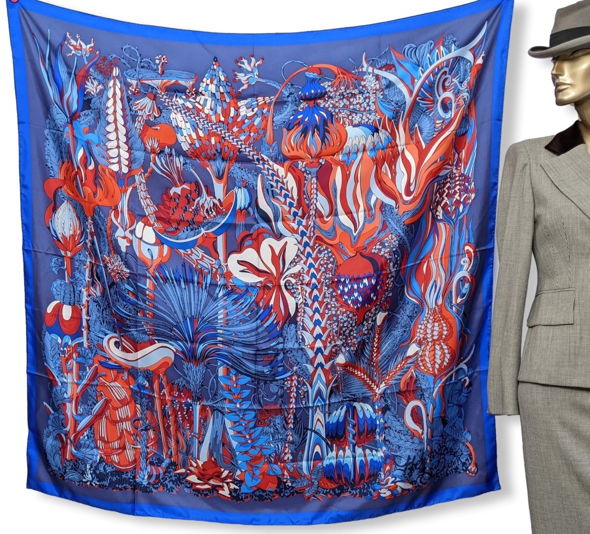 Hermes cw02 Bleu/Gris Bleute/Rouge "Fantaisie Botanique" by Virgine Jamin Silk Shawl 140, BNWTIB! - poupishop