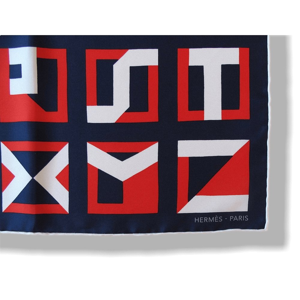 Hermes cw04 White Navy Red Lettres au Carre Twill Gavroche 42cm, NIB! - poupishop