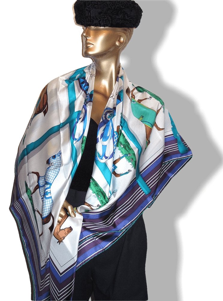 Hermes cw05 White Truquoise Indigo Couvertures et Tenues de Jour Twill Plume 140, New! - poupishop