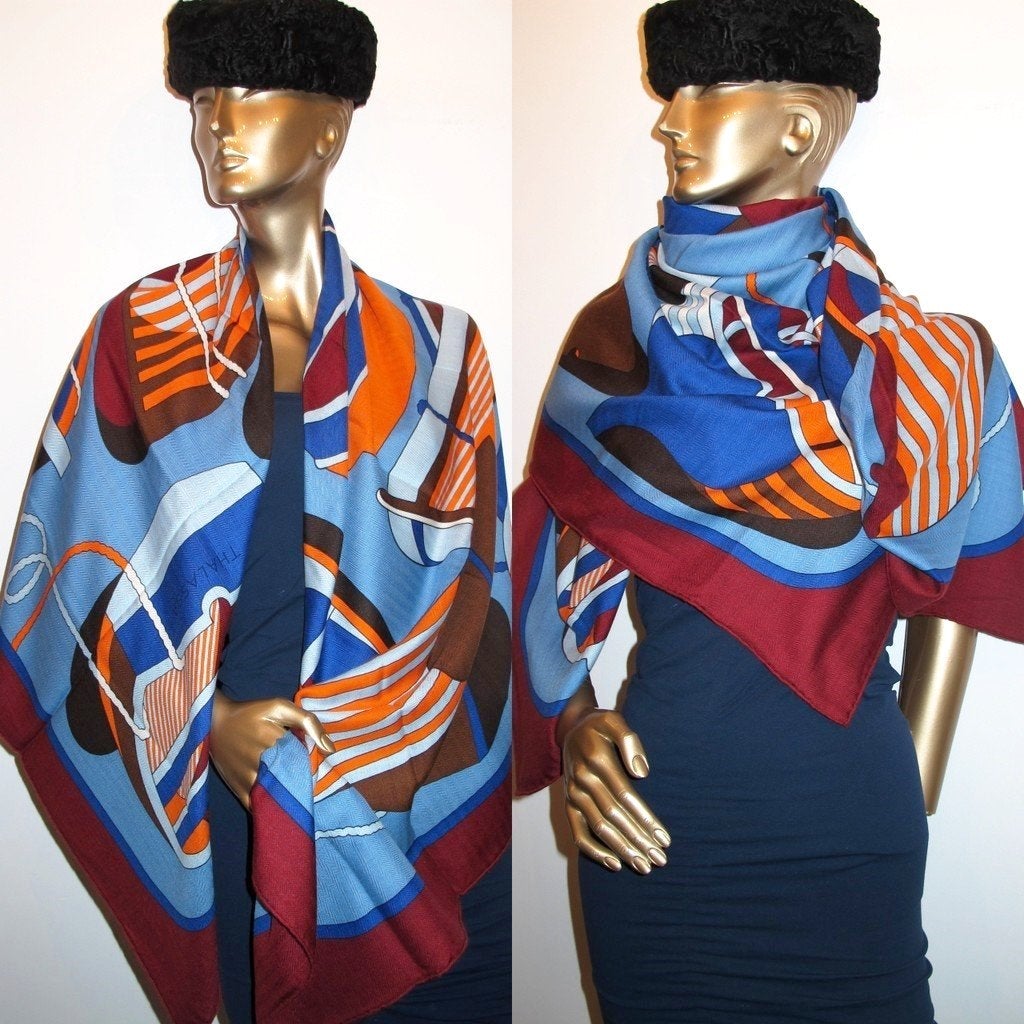 Hermes cw08 Bordeaux/Orange/Bleu Thalassa Cashmere Shawl 140, NWT! - poupishop