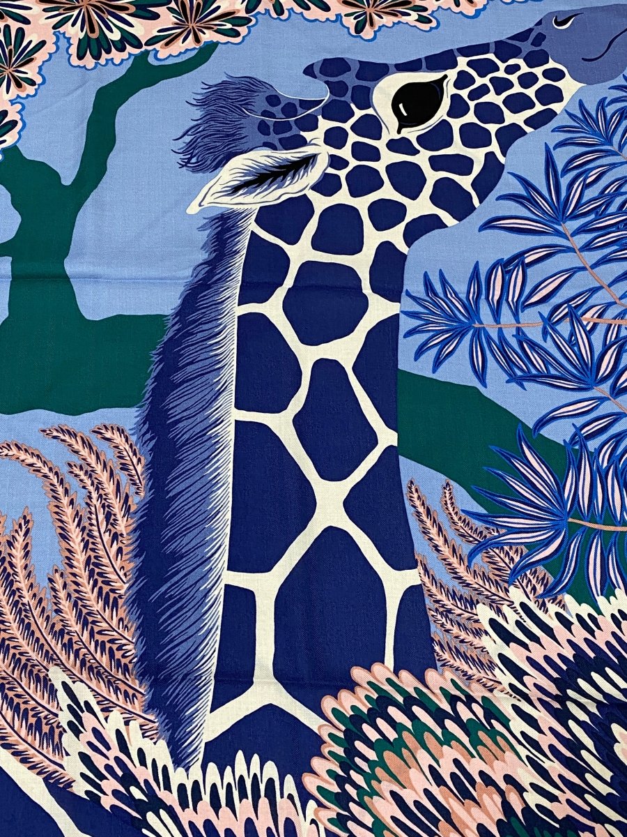 Hermes cw08 Lavande/Indigo/Vert Girafes THE THREE GRACES by Alice Shirley Cashmere Shawl 140, BNWTIB! - poupishop
