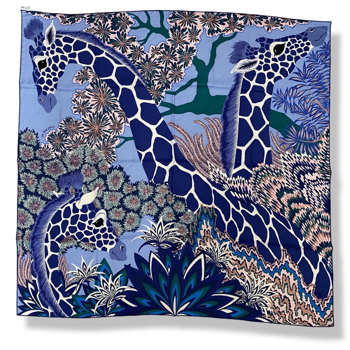 Hermes cw08 Lavande/Indigo/Vert Girafes THE THREE GRACES by Alice Shirley Cashmere Shawl 140, BNWTIB! - poupishop