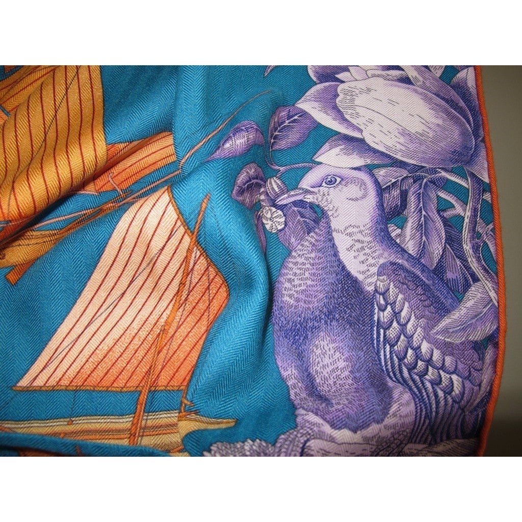 Hermes cw09 Turquoise/Miel/Encre Tous les Bateaux Cashmere Shawl 140, New! - poupishop