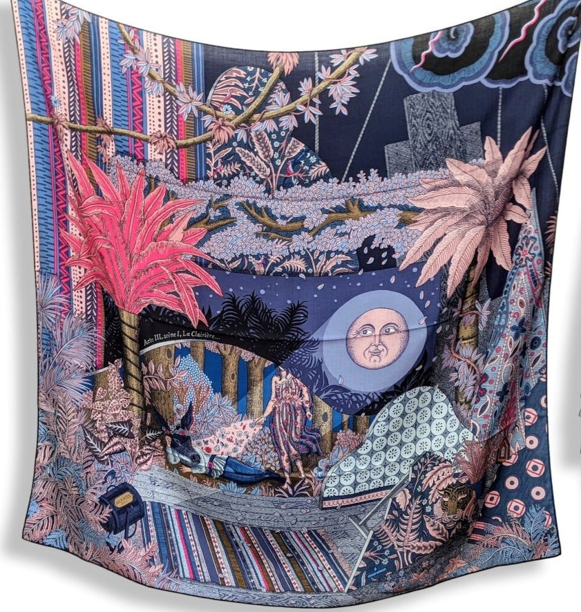 Hermes cw15 2019 Marine/Rose Vif/Bleu Jean ACTE III, SCENE I, LA CLAIRIERE by Edouard Baribeaud Cashmere Shawl 140, BNWTIB! - poupishop
