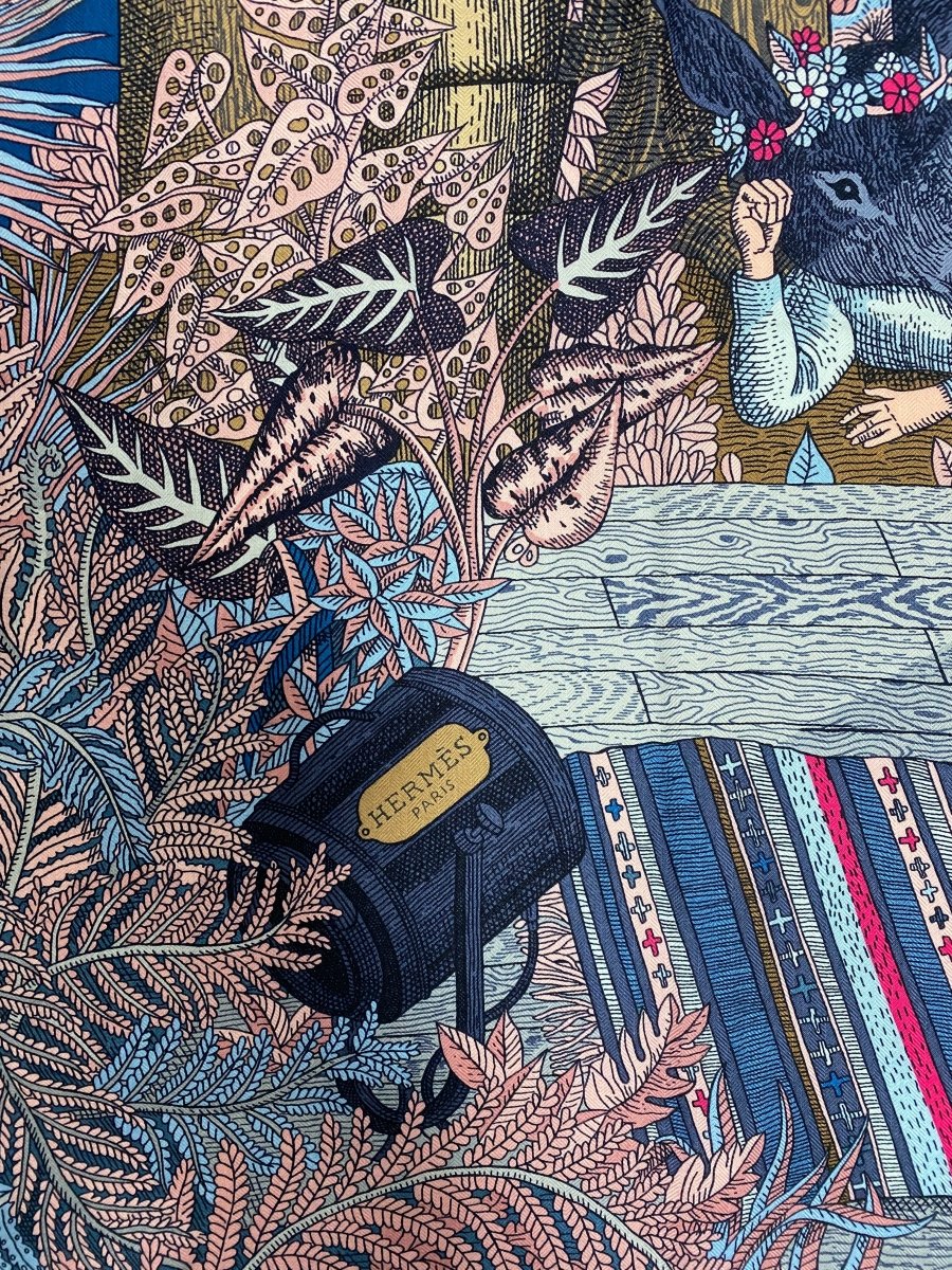 Hermes cw15 2019 Marine/Rose Vif/Bleu Jean ACTE III, SCENE I, LA CLAIRIERE by Edouard Baribeaud Cashmere Shawl 140, BNWTIB! - poupishop