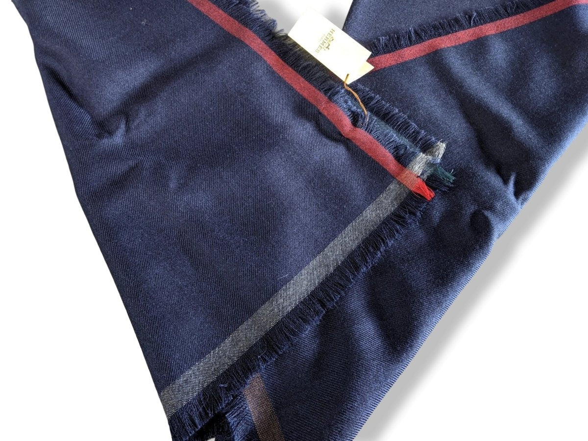 Hermes Dark Navy Fringed Cashmere Etole Muffler from the Men Collection 60 x 200 cm, BNWT! - poupishop