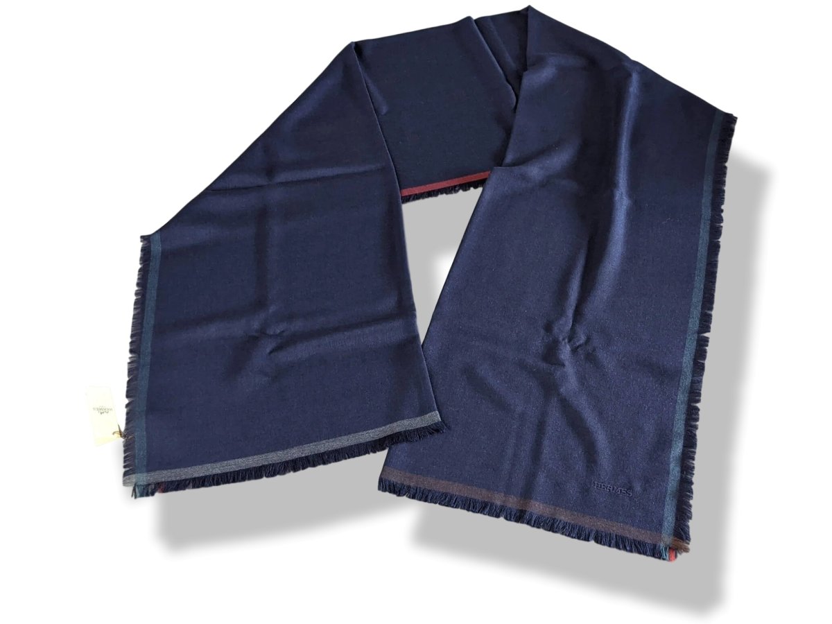 Hermes Dark Navy Fringed Cashmere Etole Muffler from the Men Collection 60 x 200 cm, BNWT! - poupishop