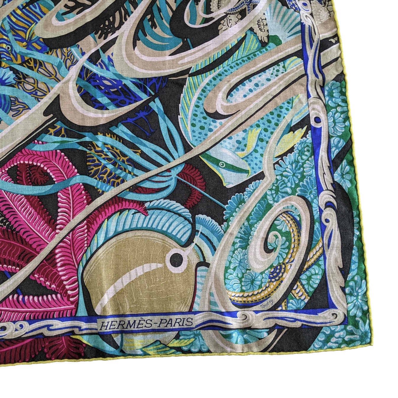 Hermes 2014 Kaki/Vert/Fuchsia "De la Mer au Ciel" by Toutsy Cashmere Shawl 140