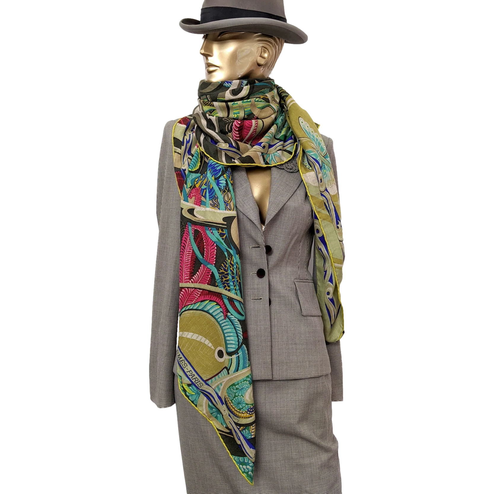 Hermes 2014 Kaki/Vert/Fuchsia "De la Mer au Ciel" by Toutsy Cashmere Shawl 140