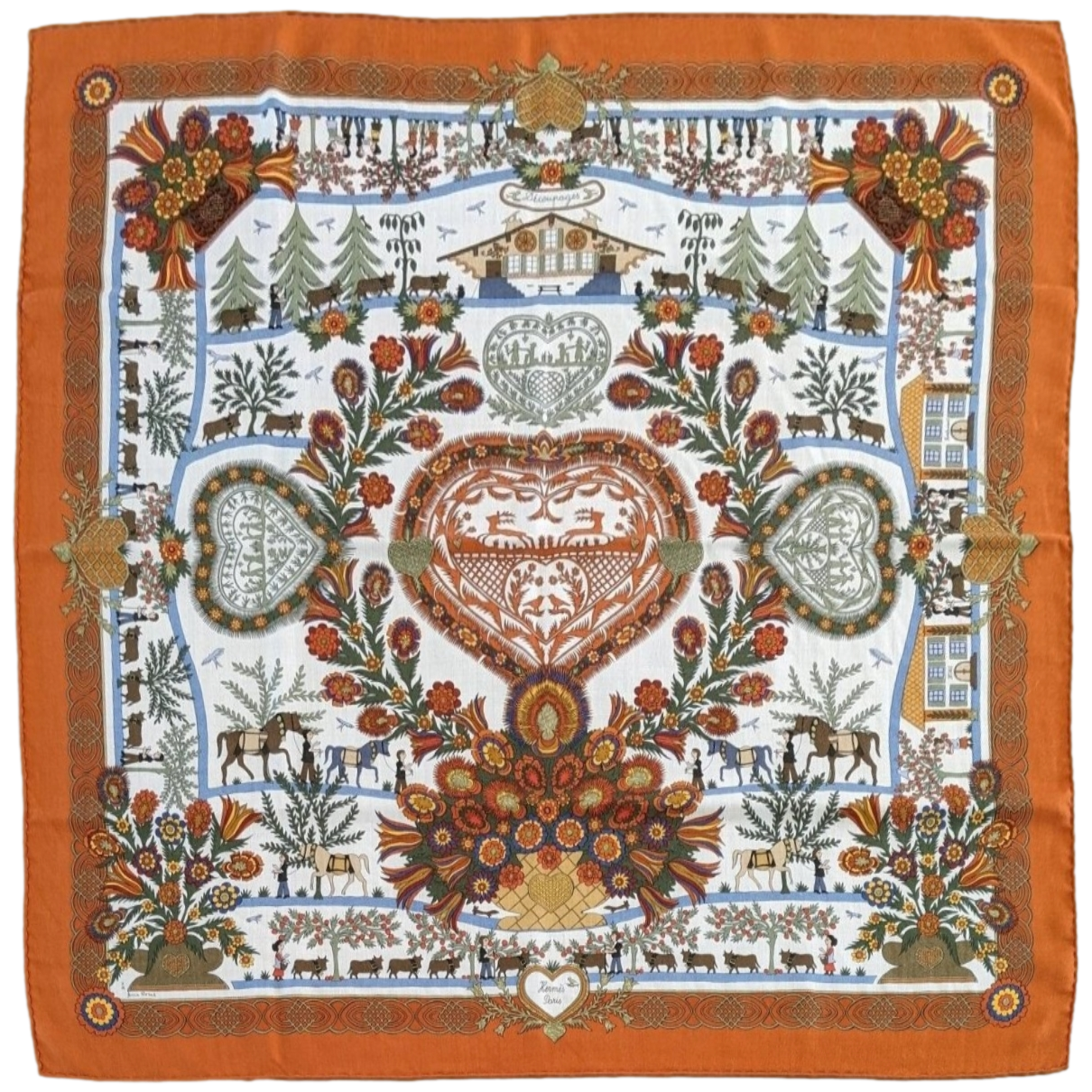 Hermes 1990's Orange/Blanc DECOUPAGE by Anne Rosat Cashmere 90cm