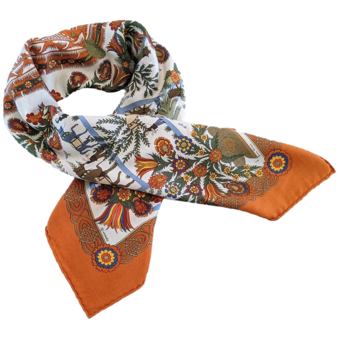 Hermes 1990's Orange/Blanc DECOUPAGE by Anne Rosat Cashmere 90cm