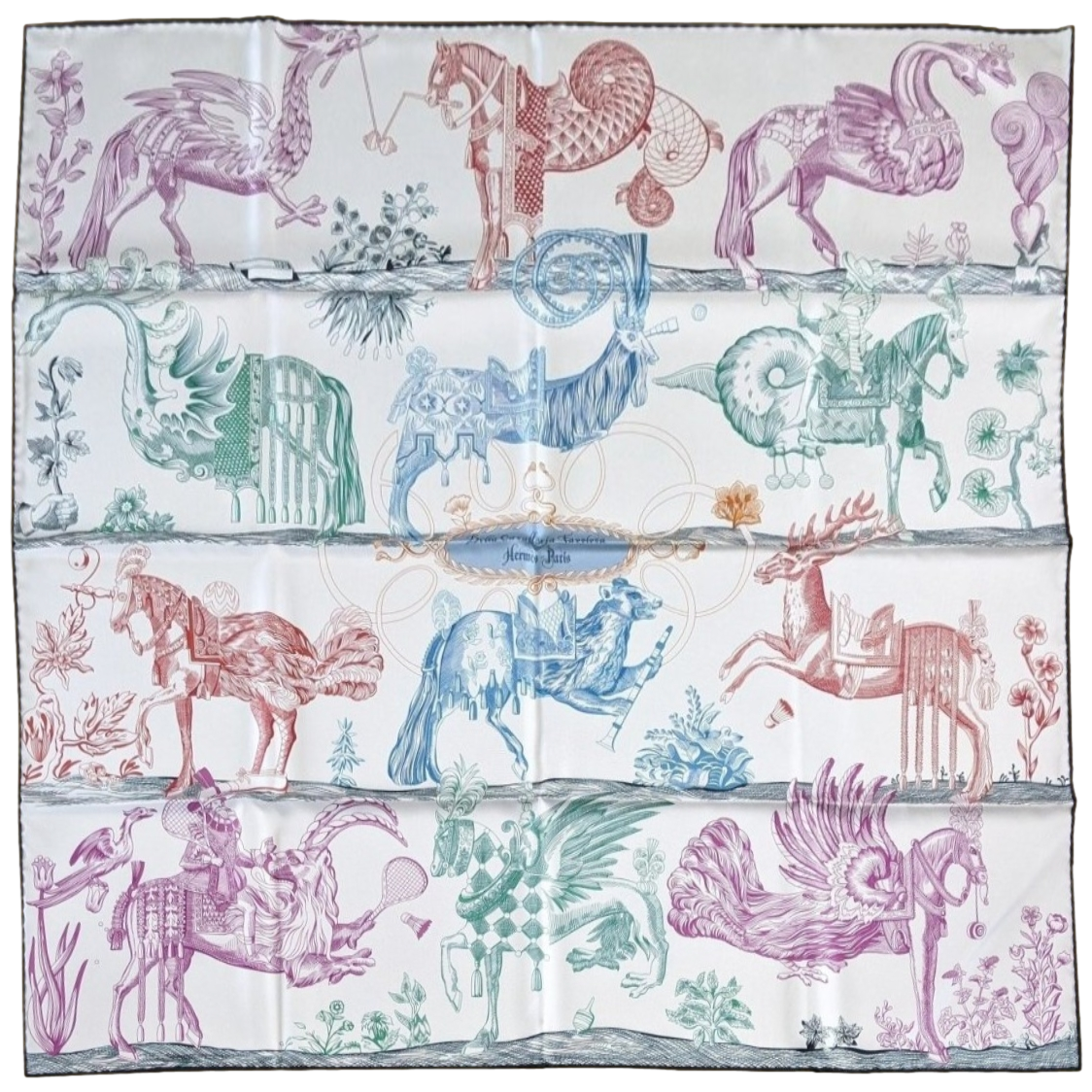 Hermes CARRE DOUBLE FACE Della Cavalleria Favolosa by Virginie Jamin Twill Scarf 90cm