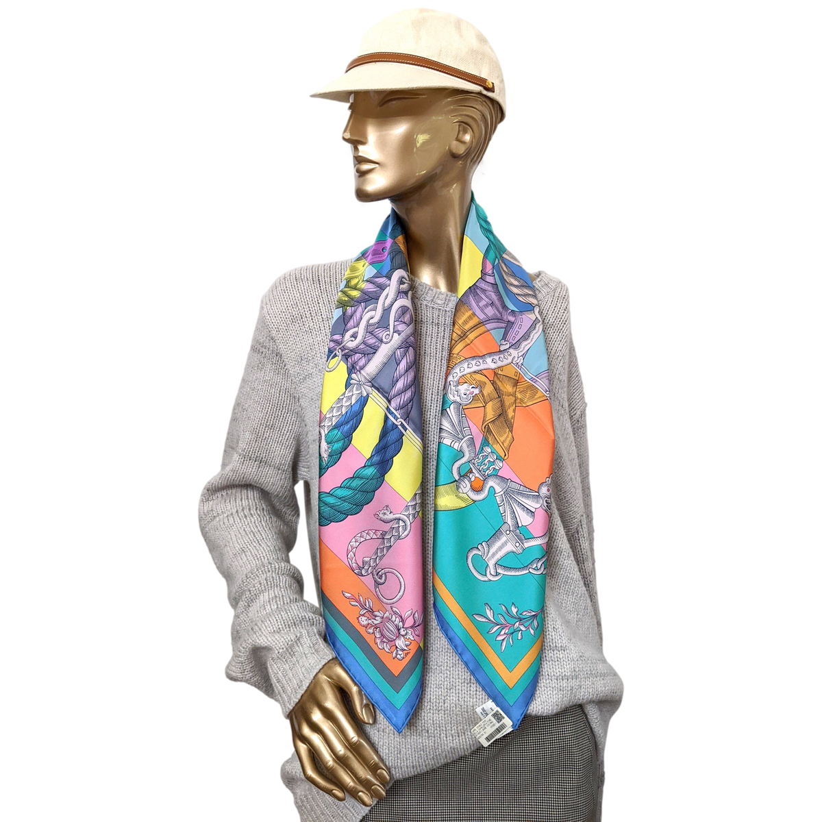 Hermes Vert/Jaune Vif/Mauve "Della Cavalleria Favolosa" by Virginie Jamin Double Face Carre Twill 90 cm