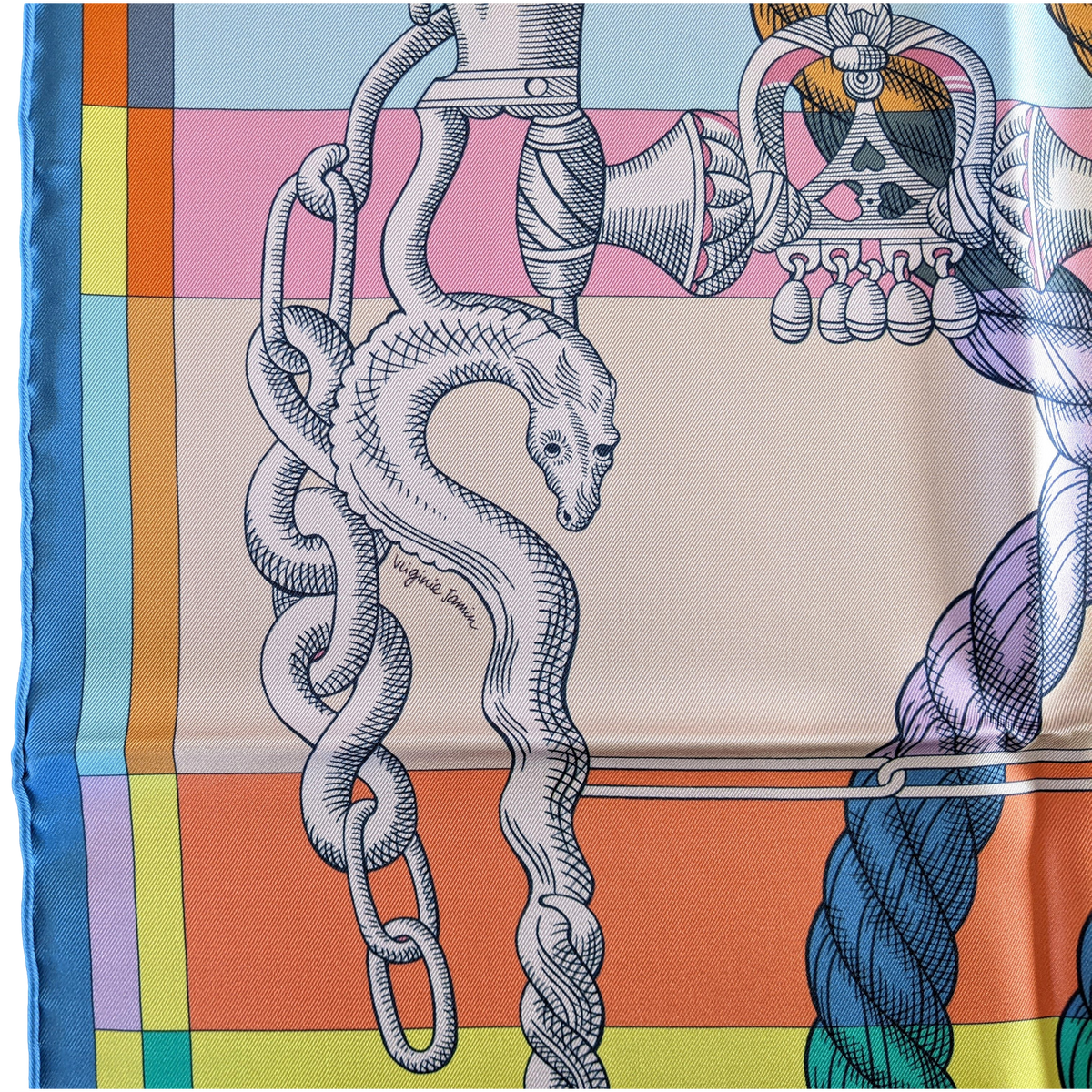 Hermes Vert/Jaune Vif/Mauve "Della Cavalleria Favolosa" by Virginie Jamin Double Face Carre Twill 90 cm