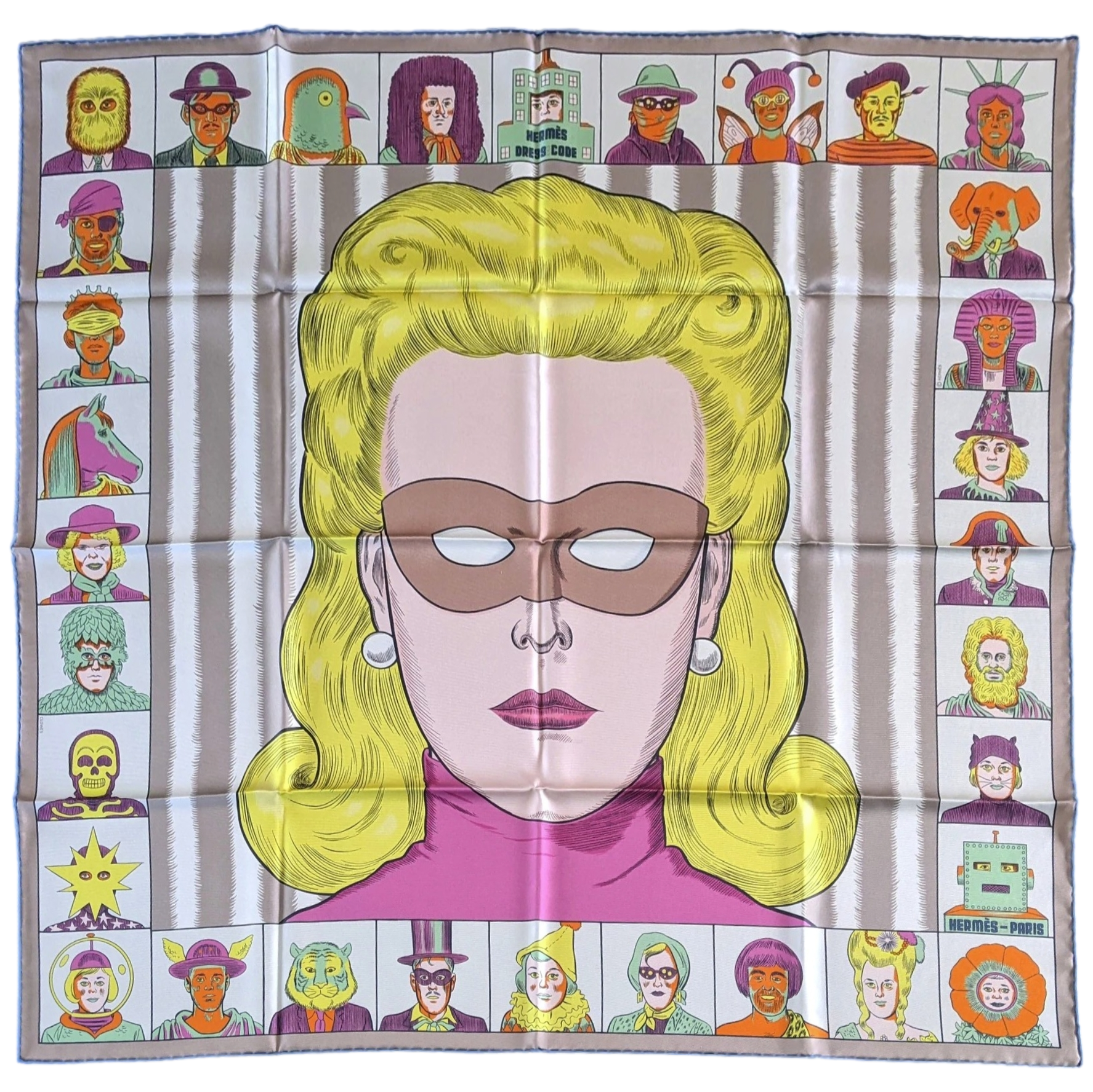 Prof-In Hermes [G3] Marine/Jaune/Multi Dress Code by Daniel Clowes Twill Gavroche Pocket Scarf 45 cm, BNWTIB!