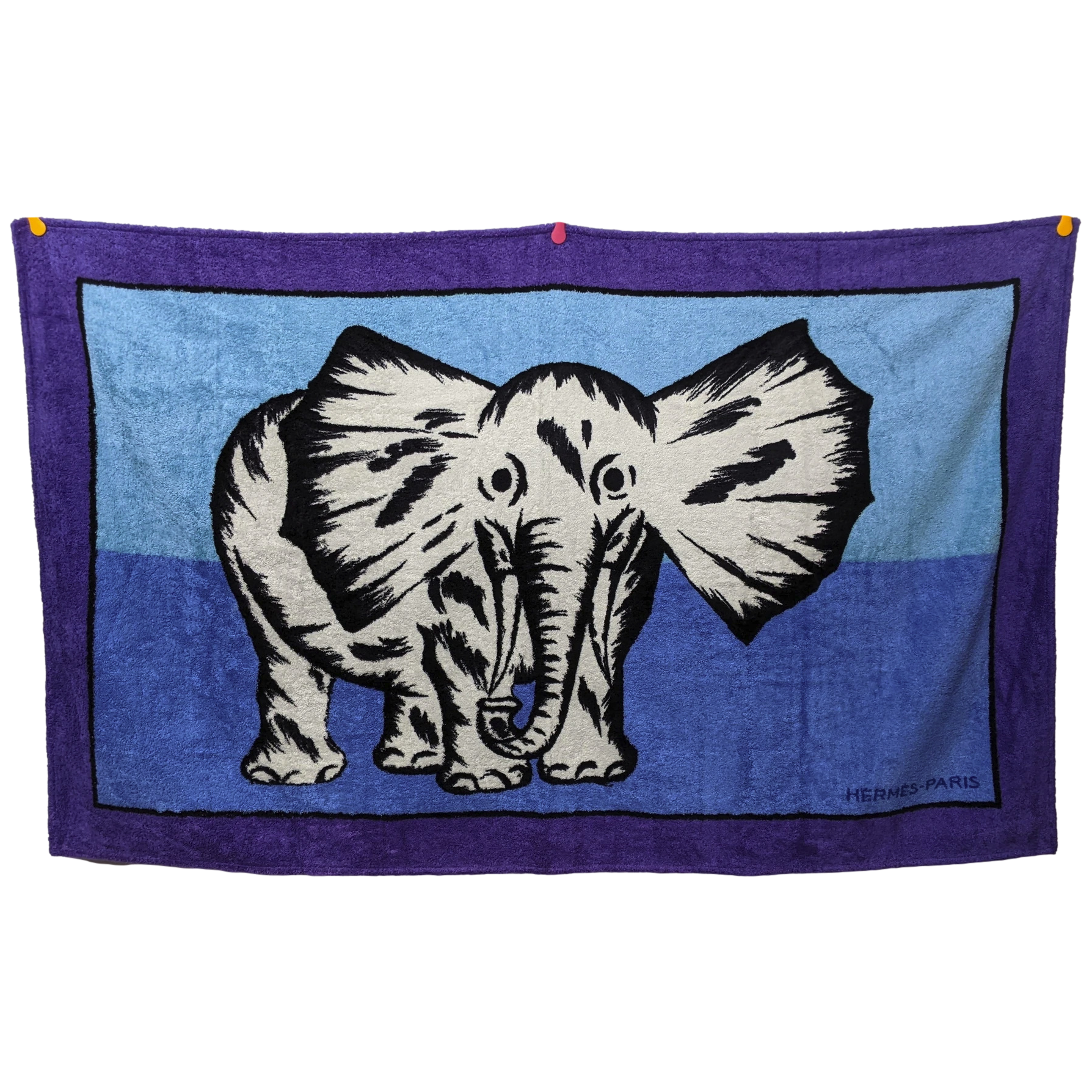 Hermes Vintage Violet/Bleu/Aqua "B/W Elelephant" Beach Towel 90 x 150 cm