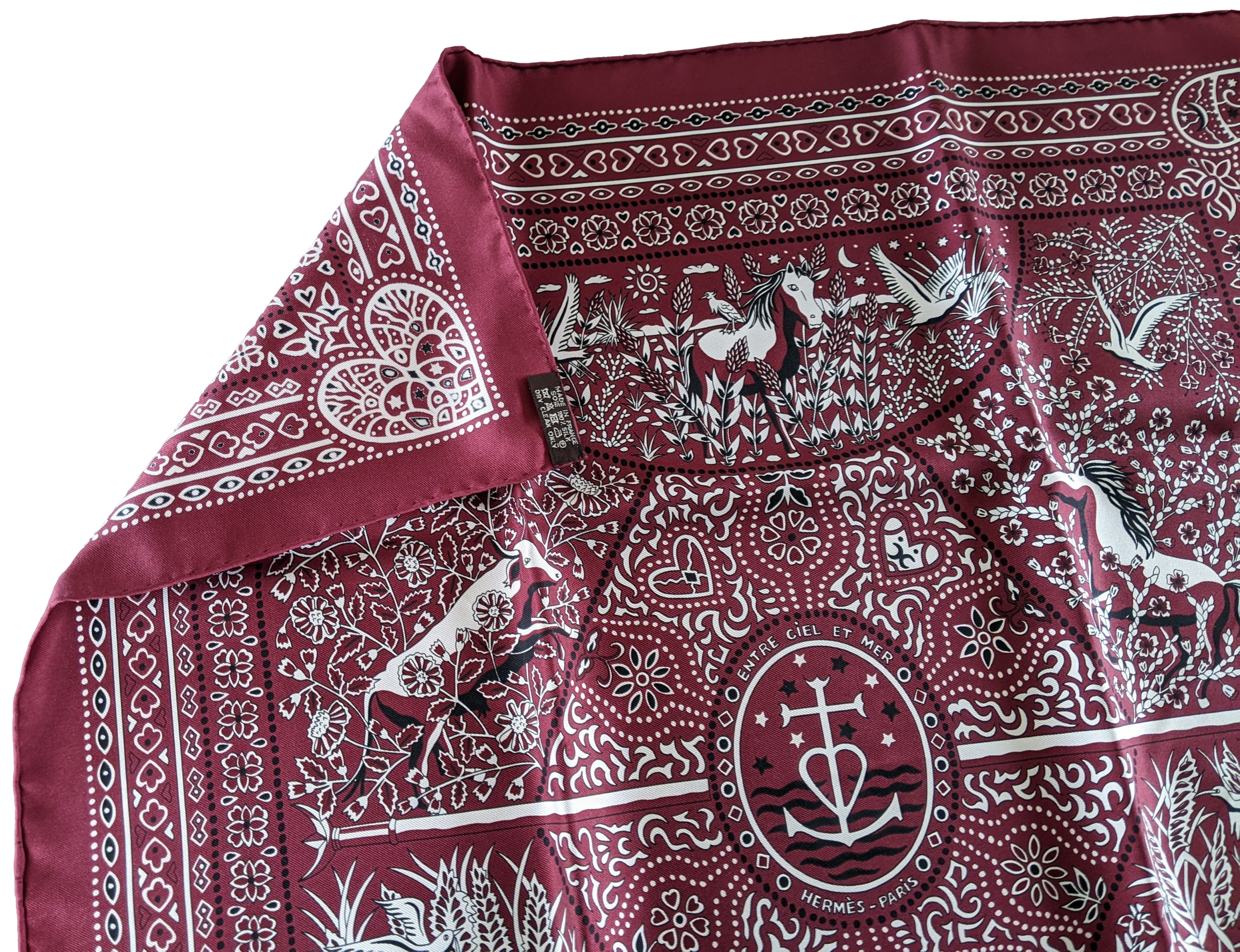 Hermes 2016 Bordeaux/Blanc/Noir "Entre Ciel et Mer" by Christine Henry Silk Bandana 55