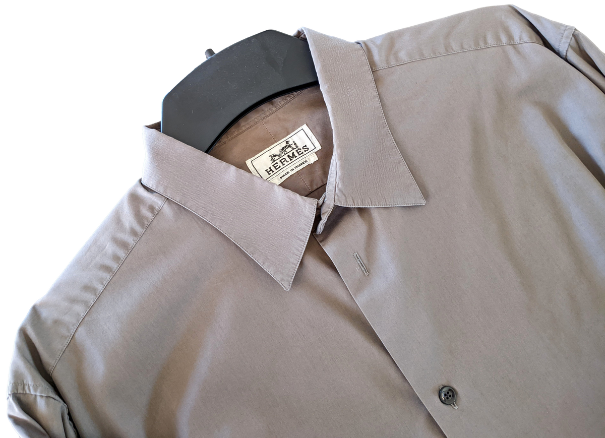 Hermes Men's Etoupe Cotton Long Sleeves Shirt with Removabe Lambskin Tabs