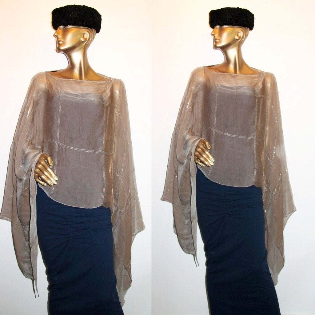 Hermes Exceptional Embroidered sequins Etoupe Bolduc Changeante Poncho Midnight Mousseline - poupishop