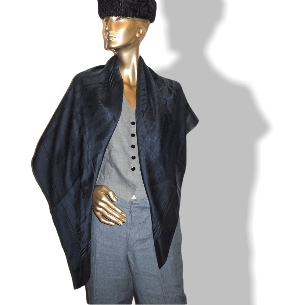 Hermes Exceptional Night Blue Jacquard Silk and Black Lambskin Leather Sangles Unisex Silk 140, Rare, NIB! - poupishop