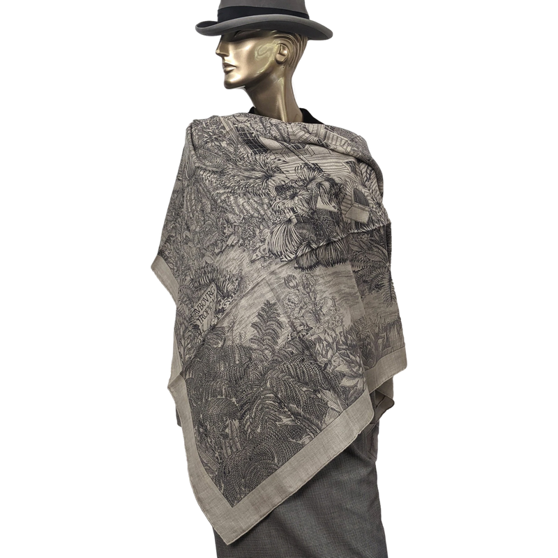 Hermes [C209] Naturel/Gris/Anthracite "Faubourg Tropical" by Octave Marsal and Théo de Gueltzl Cashmere Shawl 140