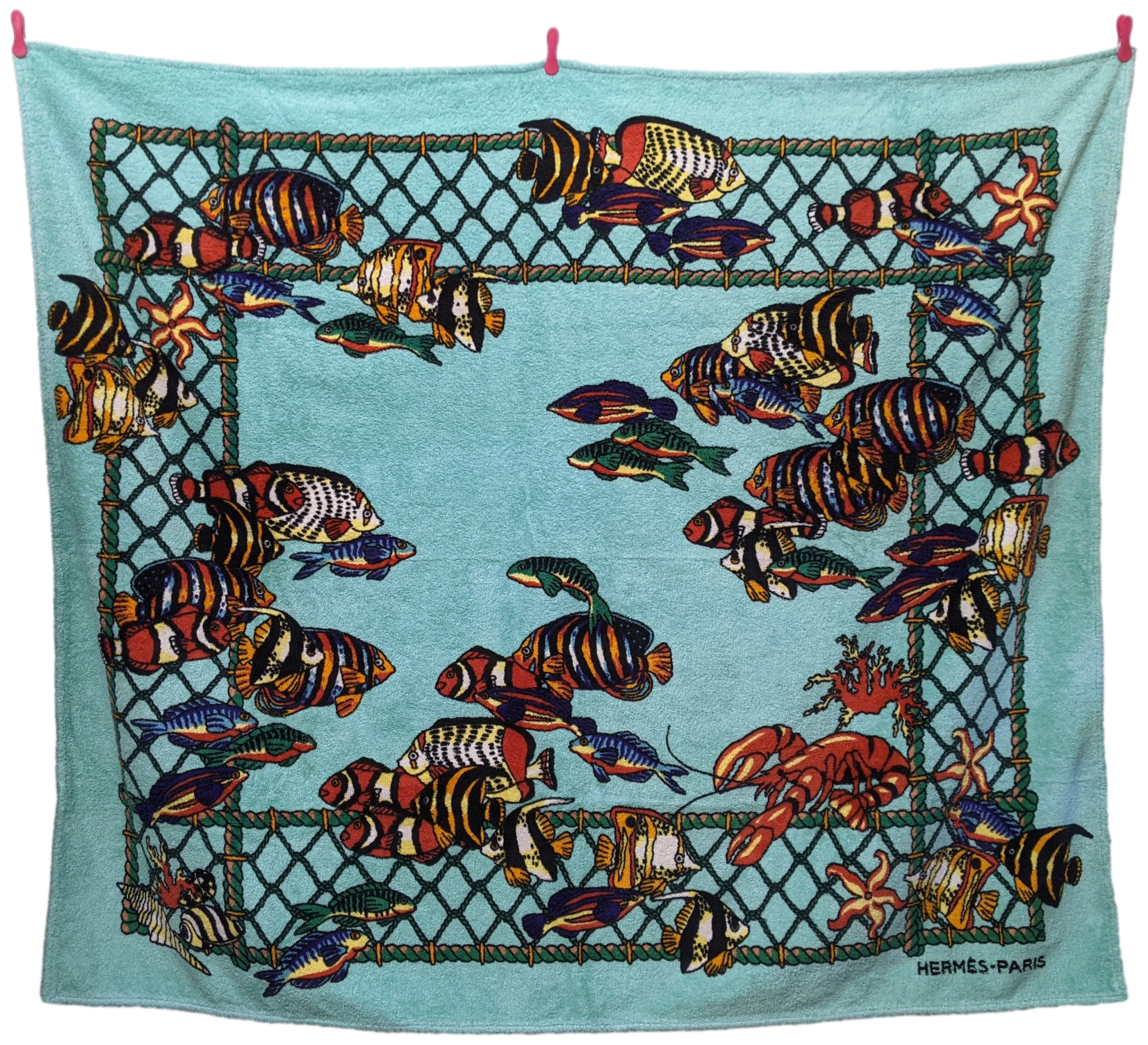 Hermes Turquoise/Multi "Fishes" Tapis de Plage Terry Beach Towel XXL 145 x 190 cm