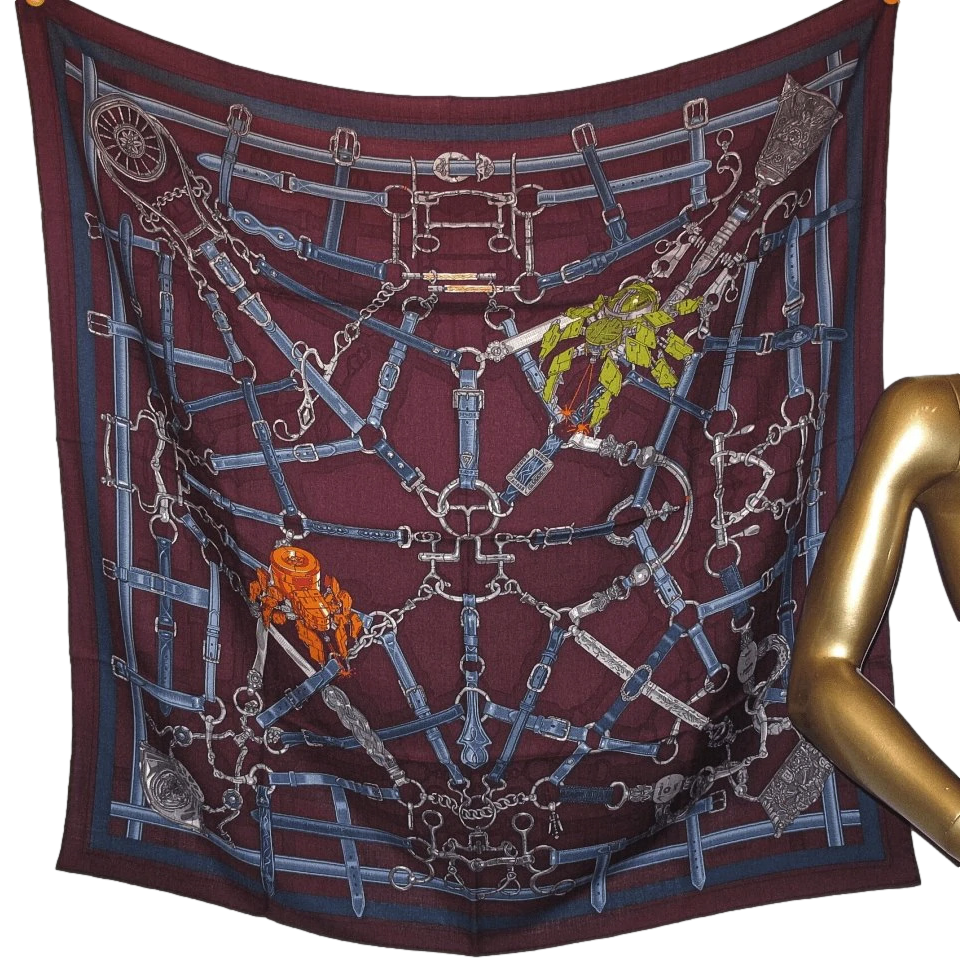 Hermes 2018 Wine/Pilot Blue FLAMBOYANT WEB by Daiske Nomura Unisex Cashmere 100 cm