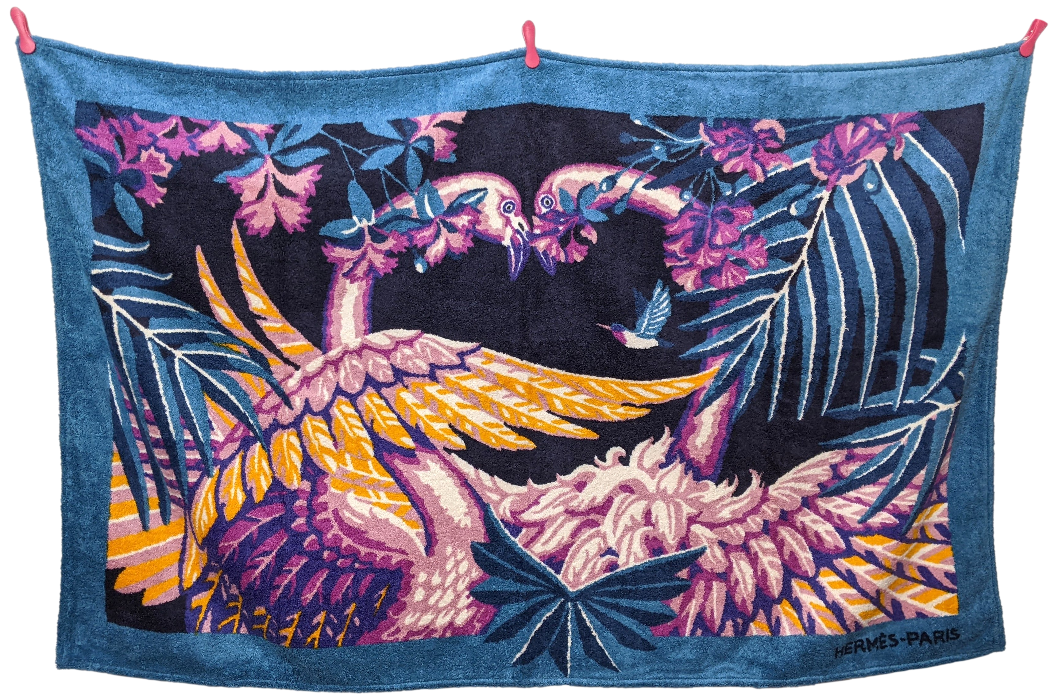 Hermes Turquoise Fonce/Violet Cotton Terry "Flamingo Party" by Laurence Bourthoumieux Beach Towel 90 x 150 cm
