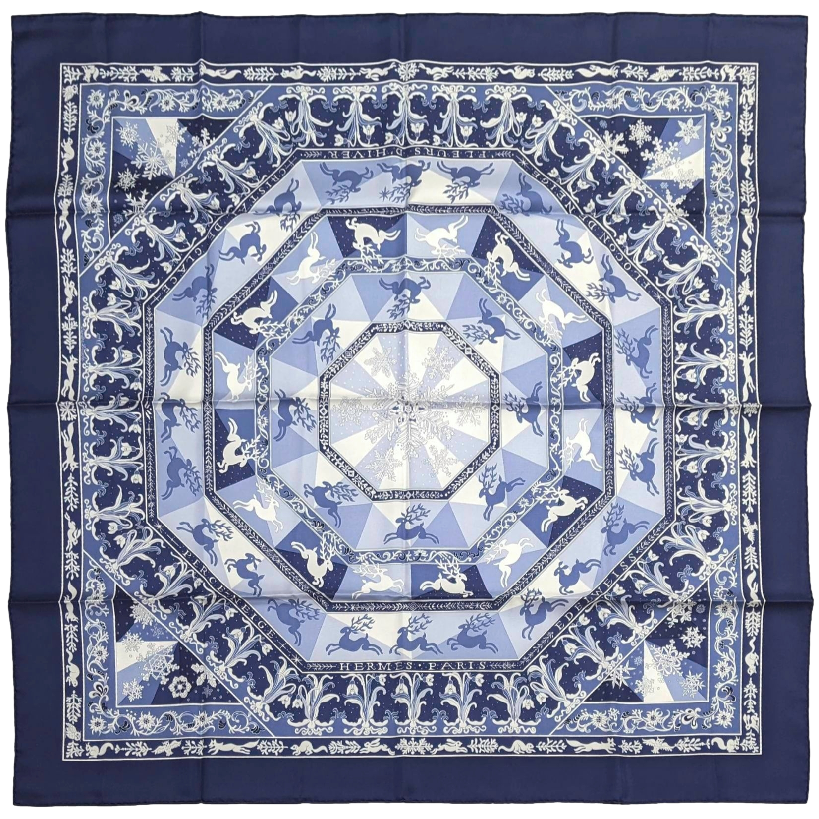 Hermes 2007 Marine/Blanc "Fleurs d'Hiver" by Sandra Laroche Twill 90cm