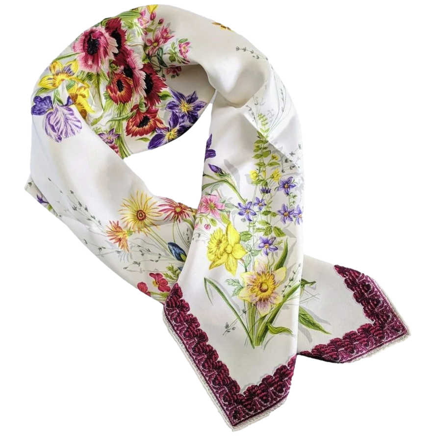 Produits Hermes 1961 Bordeaux/ White/Multi FLEURS ET GALONS by MME LA TORRE Twill 90cm
