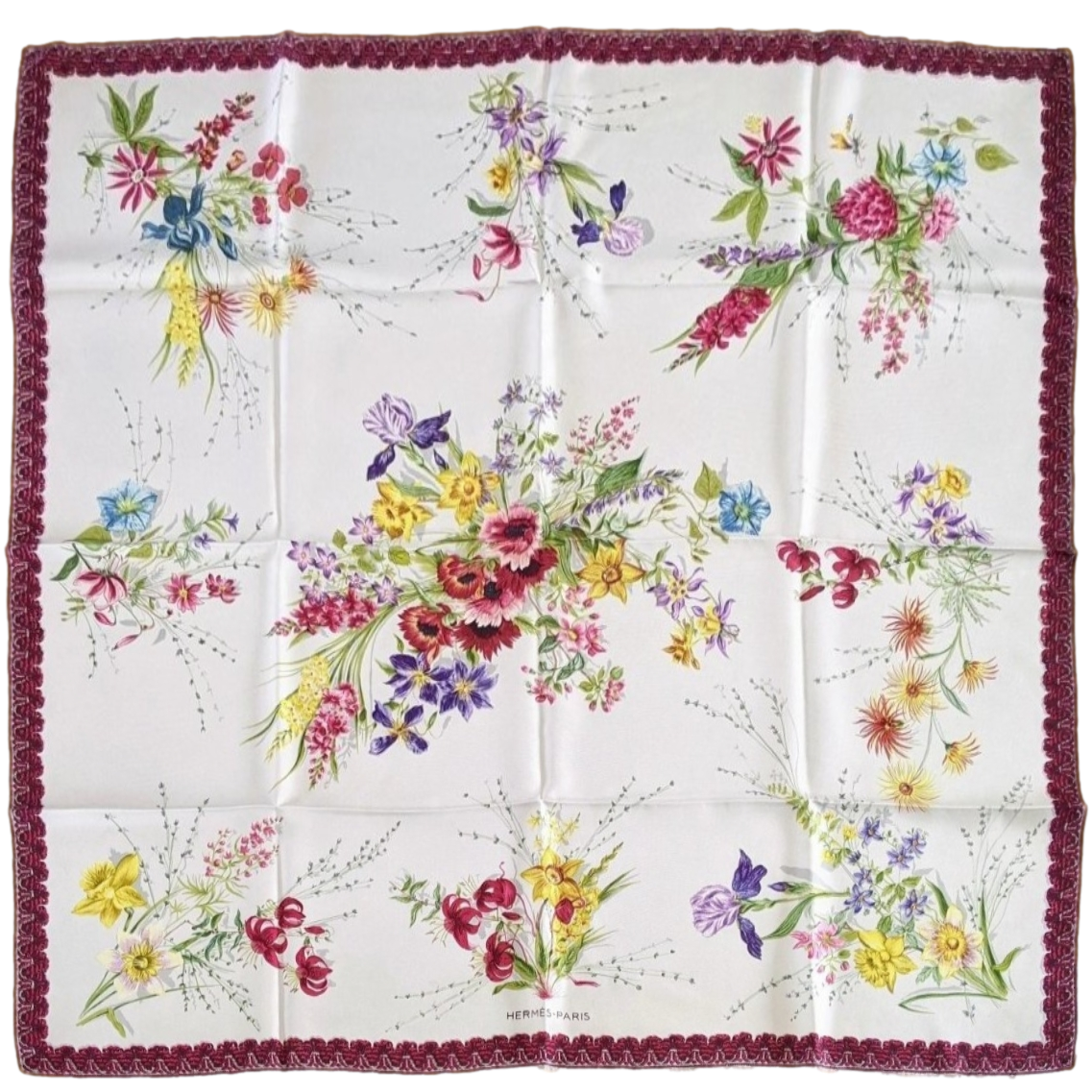 Produits Hermes 1961 Bordeaux/ White/Multi FLEURS ET GALONS by MME LA TORRE Twill 90cm
