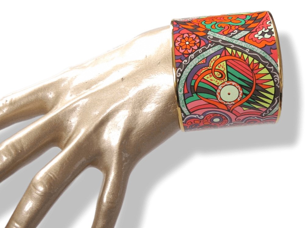 Hermes Fluo L'Ivresse de l'Infini by Zoe Pauwels Gold Trim Mega Wide Enamel Bangle Bracelet Sz65, New! - poupishop