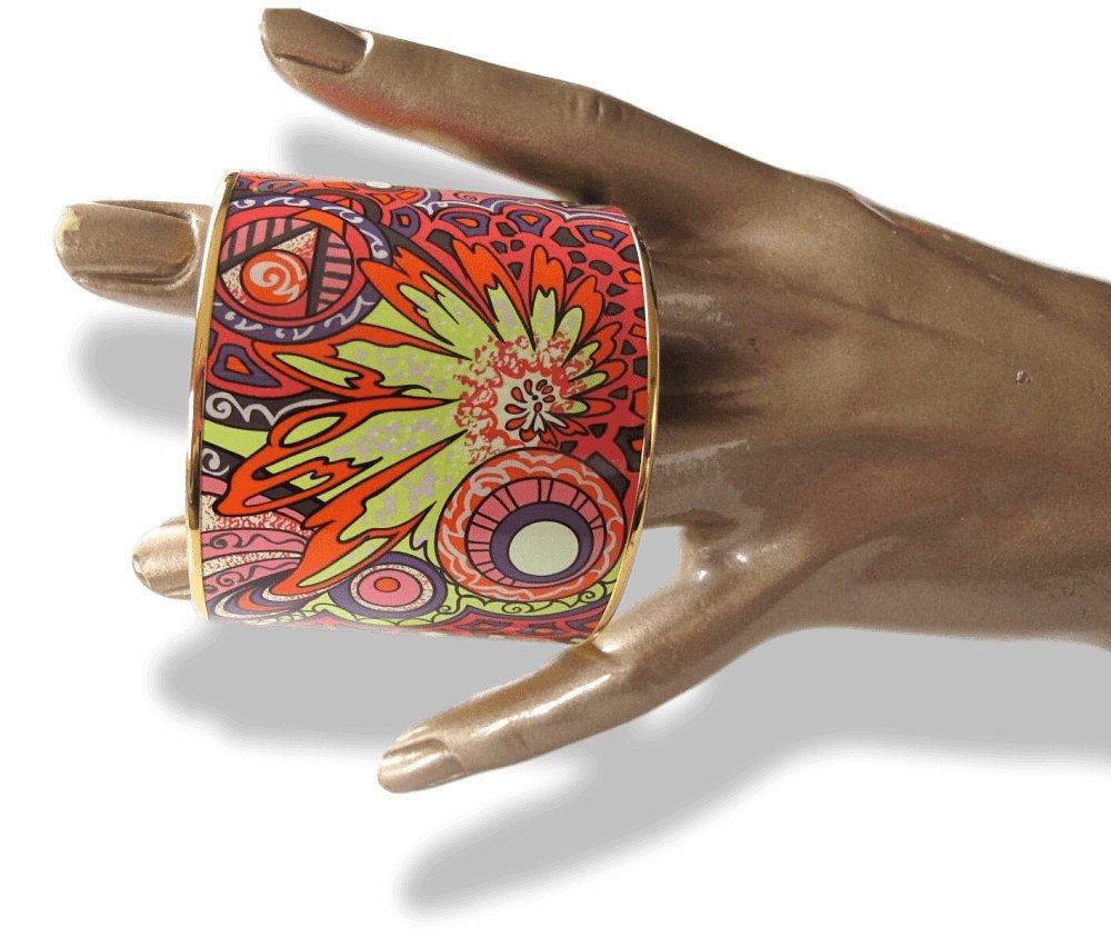 Hermes Fluo L'Ivresse de l'Infini by Zoe Pauwels Gold Trim Mega Wide Enamel Bangle Bracelet Sz65, New! - poupishop
